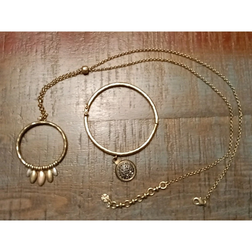 Boho Lucky Brand Jewelry Necklace 30" & Bracelet 2 1/2" Burnished Gold Tone